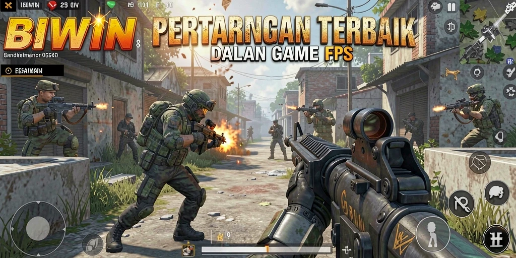 Screenshot gameplay BIWIN menunjukkan aksi menembak yang intens di arena pertempuran.
