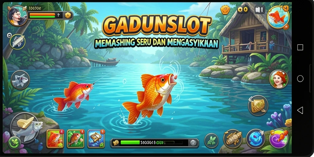 Gameplay seru GADUNSLOT yang menampilkan aksi memancing.