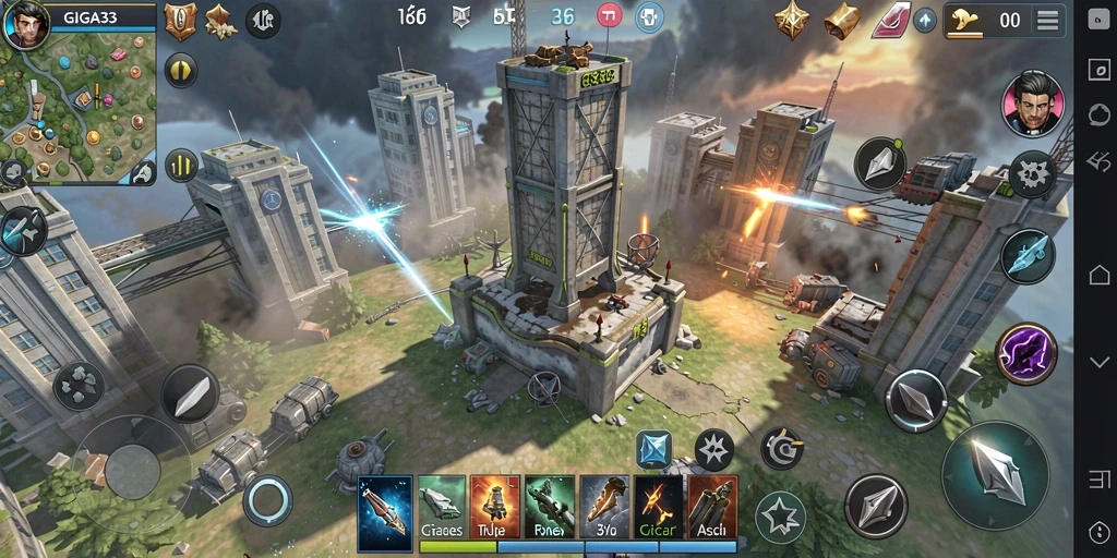 Tampilan dinamis gameplay GIGA33 dengan menara dan musuh yang beragam.