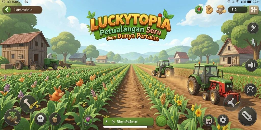 Screenshot LUCKYTOPIA menampilkan pemain yang sedang bercocok tanam dengan hewan peliharaan.