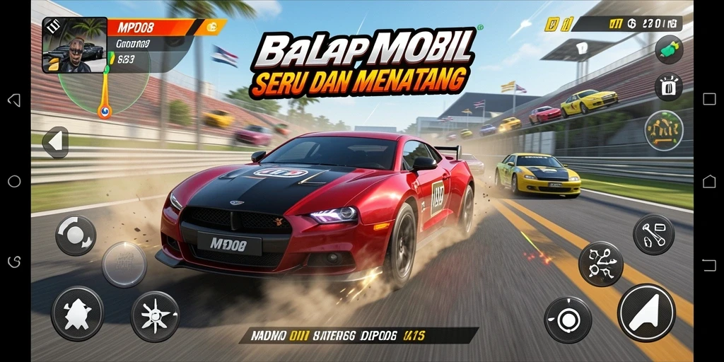Screenshot MPO08 menampilkan aksi balap mobil yang mendebarkan.