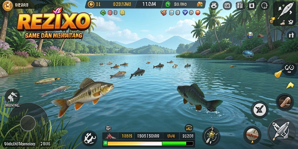 Gameplay REZIXO yang menampilkan aktivitas memancing yang seru.